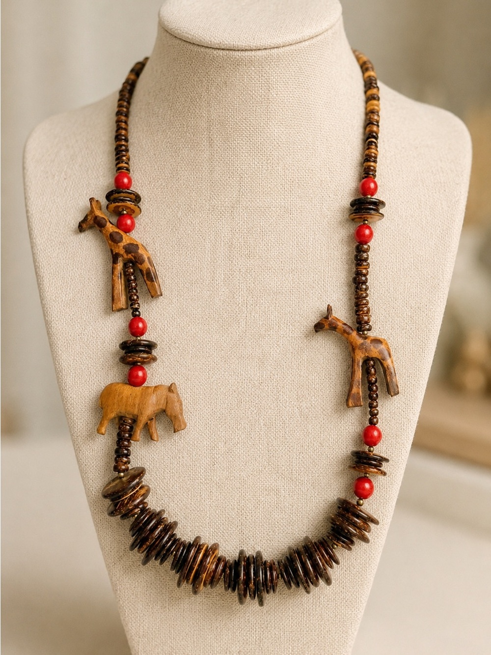 Vintage Carved Wood Safari Animal Necklace Giraffe Rhino Boho Statement